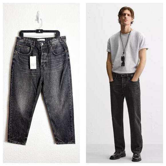 ZARA MENS Carrot Relaxed Fit Black Wash Jeans Size 32 NWT Button Fly 1538/452